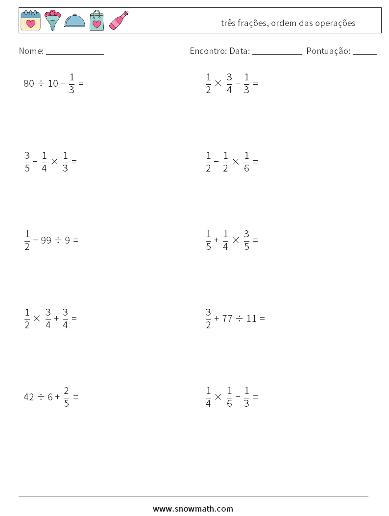 (10) três frações, ordem das operações planilhas matemáticas 7