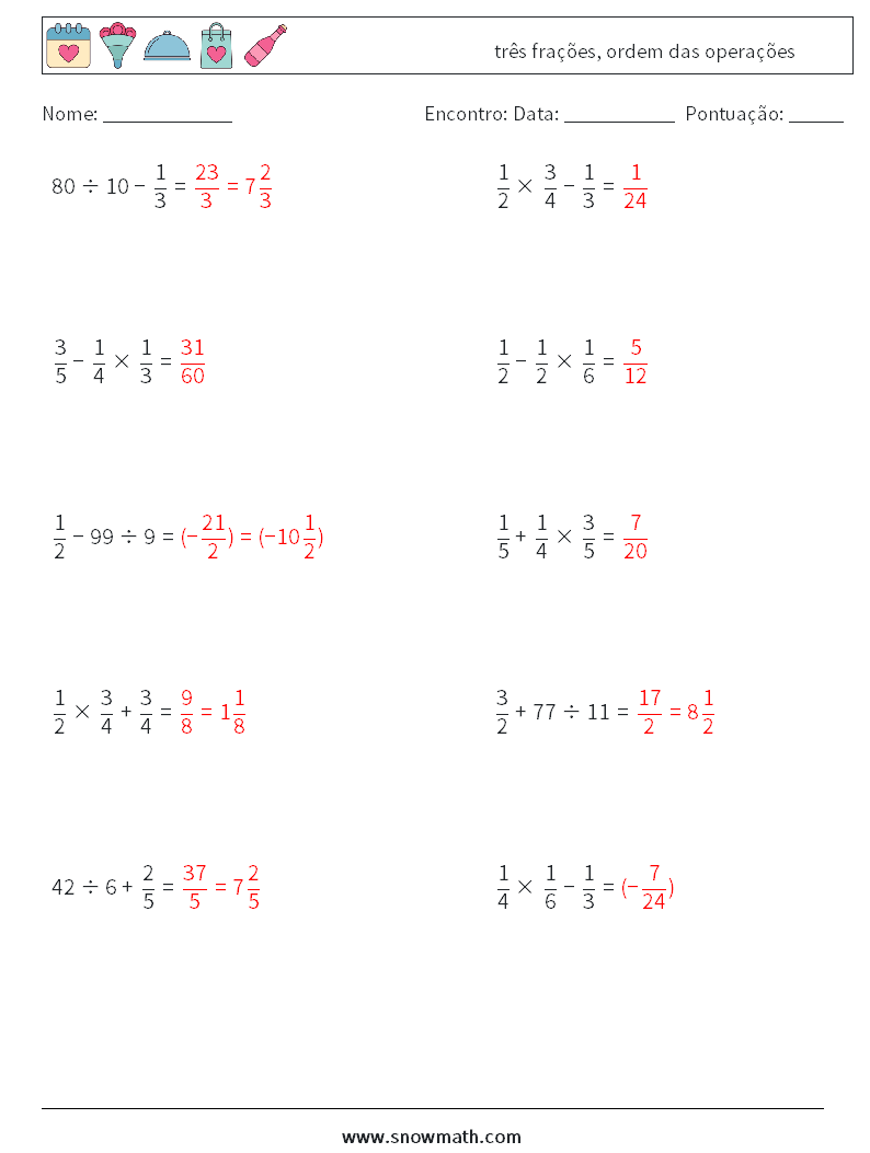 (10) três frações, ordem das operações planilhas matemáticas 7 Pergunta, Resposta
