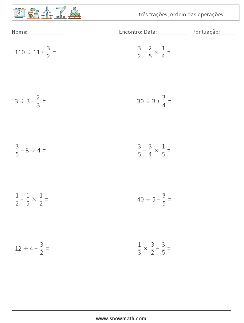 (10) três frações, ordem das operações planilhas matemáticas 8
