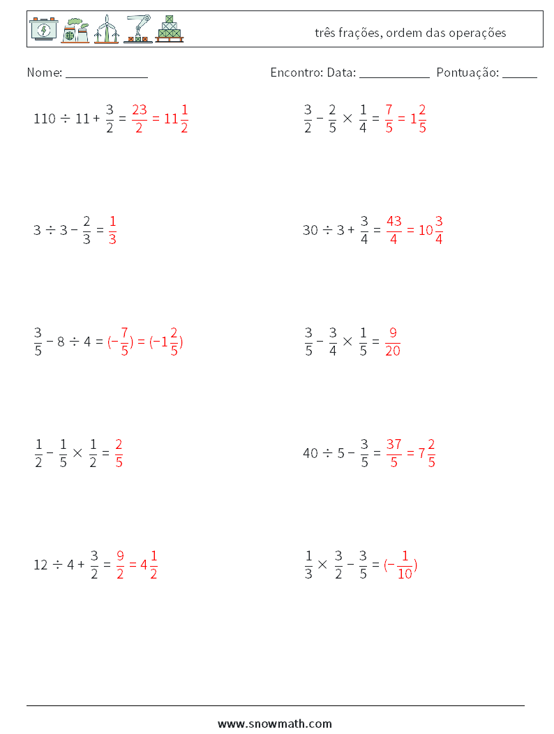 (10) três frações, ordem das operações planilhas matemáticas 8 Pergunta, Resposta