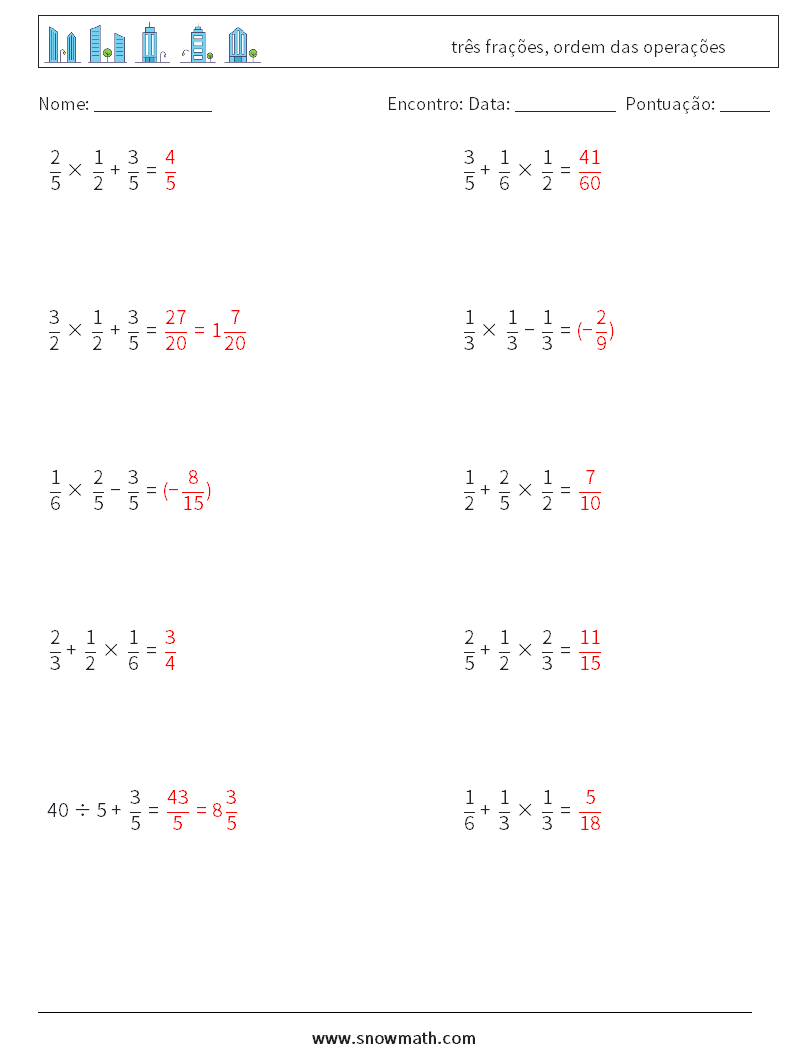 (10) três frações, ordem das operações planilhas matemáticas 9 Pergunta, Resposta