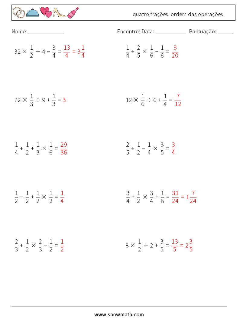 (10) quatro frações, ordem das operações planilhas matemáticas 13 Pergunta, Resposta