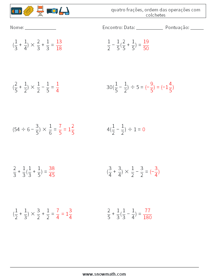 (10) quatro frações, ordem das operações com colchetes planilhas matemáticas 10 Pergunta, Resposta