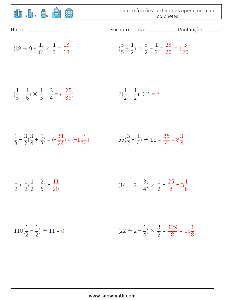 (10) quatro frações, ordem das operações com colchetes planilhas matemáticas 11 Pergunta, Resposta