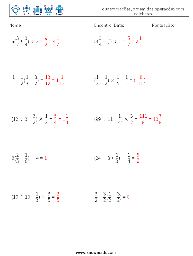 (10) quatro frações, ordem das operações com colchetes planilhas matemáticas 12 Pergunta, Resposta
