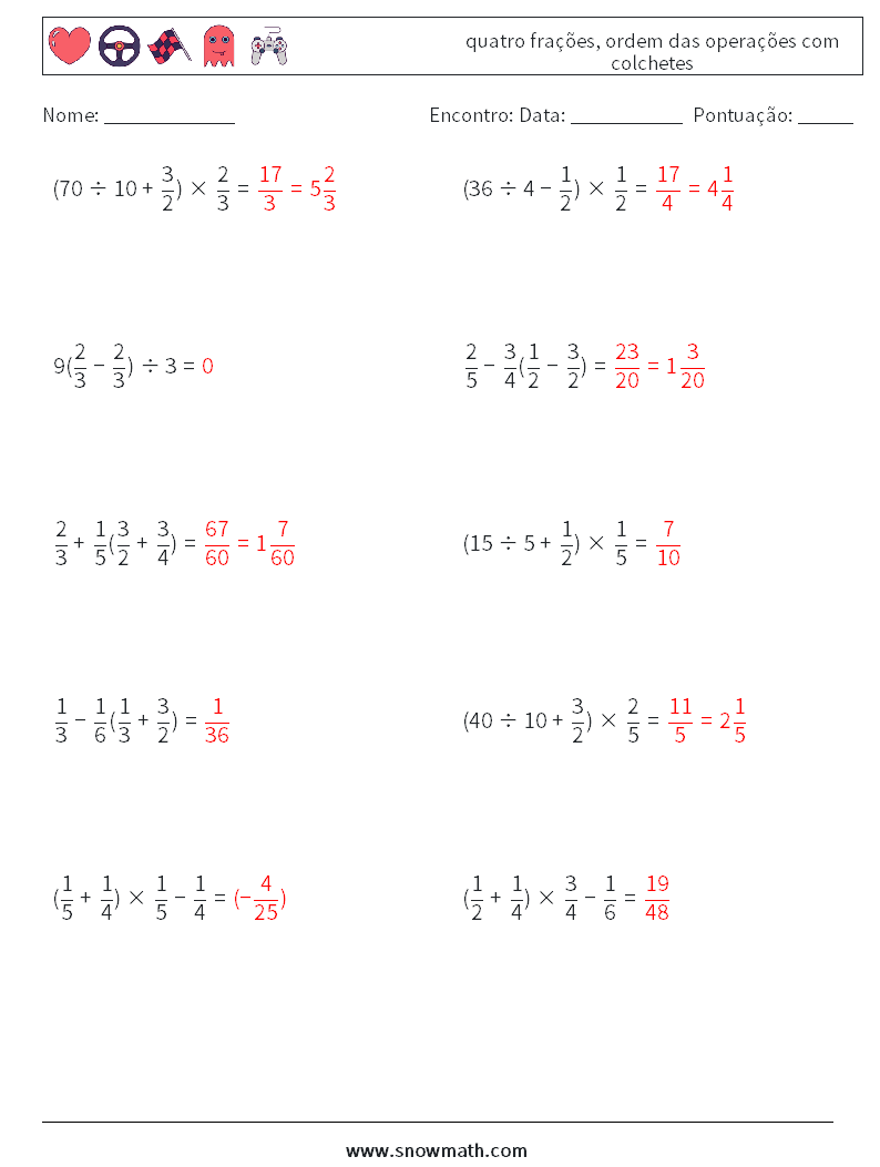(10) quatro frações, ordem das operações com colchetes planilhas matemáticas 13 Pergunta, Resposta