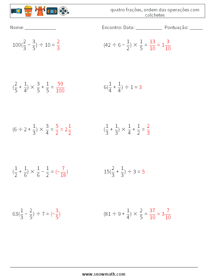 (10) quatro frações, ordem das operações com colchetes planilhas matemáticas 16 Pergunta, Resposta