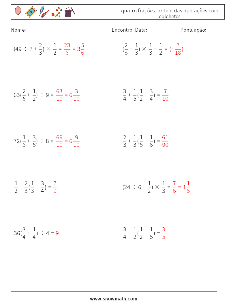 (10) quatro frações, ordem das operações com colchetes planilhas matemáticas 17 Pergunta, Resposta
