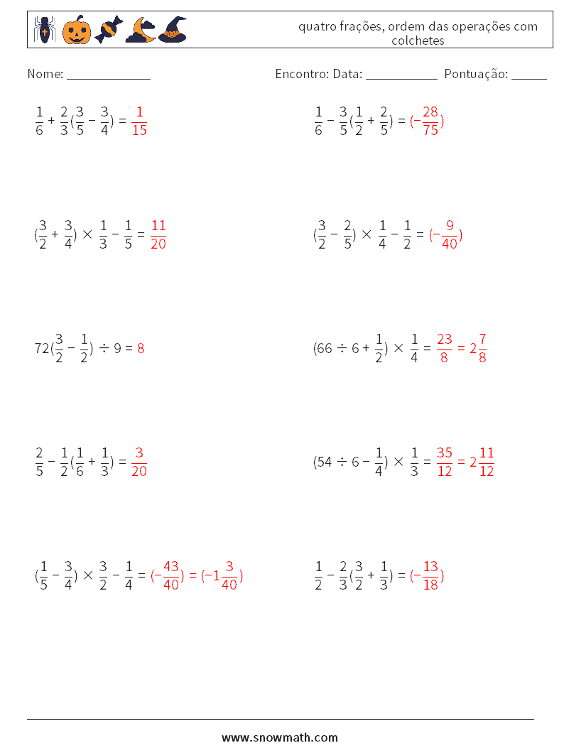 (10) quatro frações, ordem das operações com colchetes planilhas matemáticas 18 Pergunta, Resposta