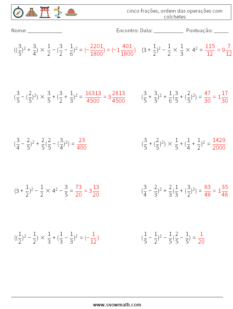 (10) cinco frações, ordem das operações com colchetes planilhas matemáticas 2 Pergunta, Resposta