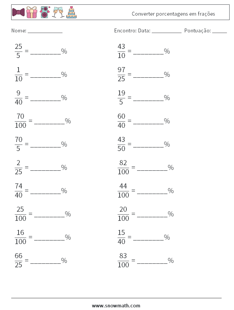 Converter porcentagens em frações planilhas matemáticas 5