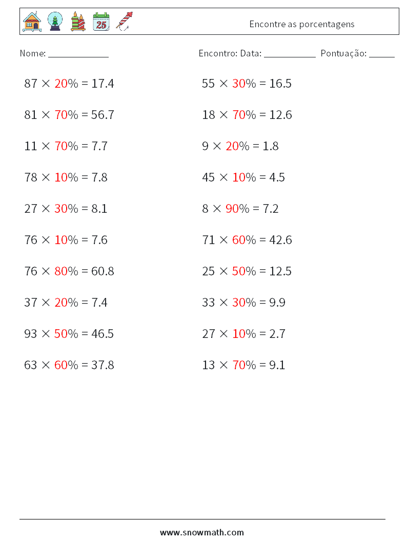 Encontre as porcentagens planilhas matemáticas 1 Pergunta, Resposta