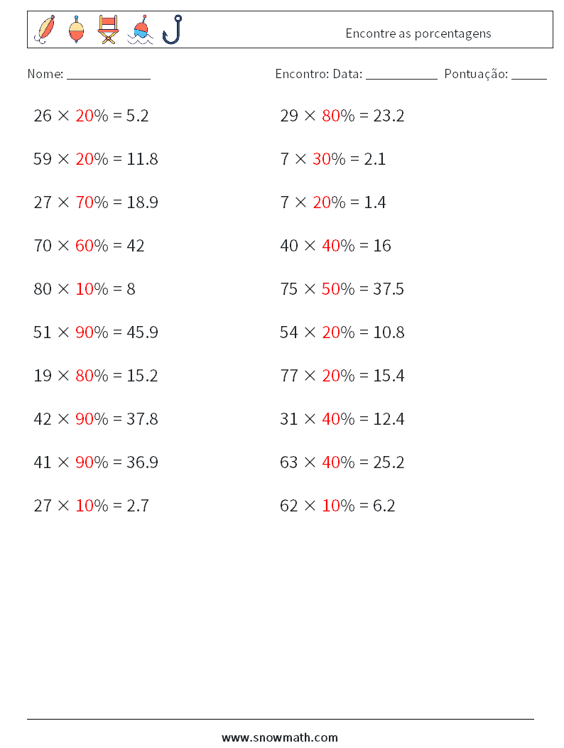 Encontre as porcentagens planilhas matemáticas 2 Pergunta, Resposta