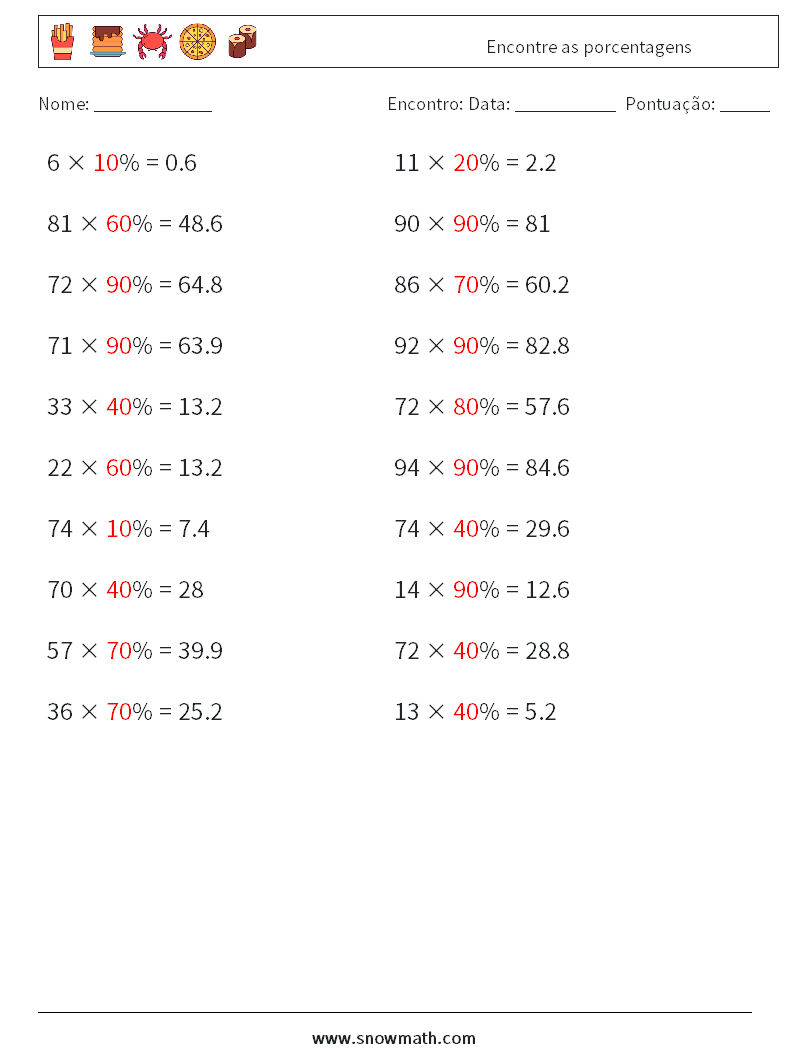 Encontre as porcentagens planilhas matemáticas 3 Pergunta, Resposta