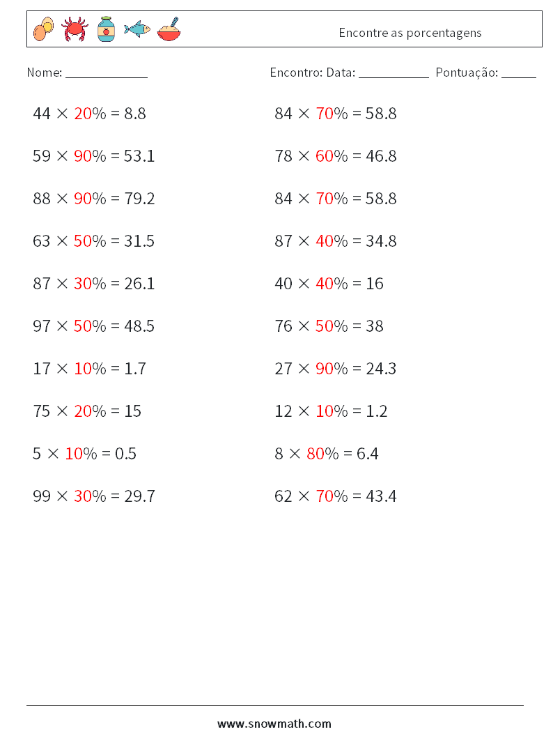 Encontre as porcentagens planilhas matemáticas 4 Pergunta, Resposta