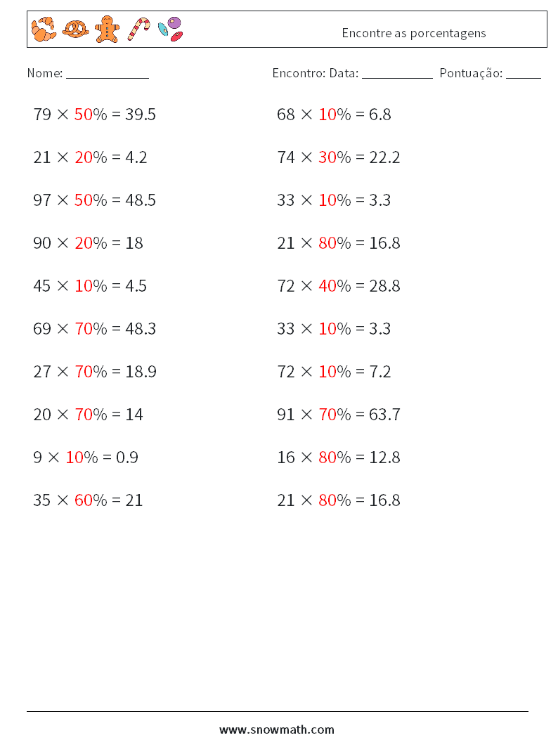Encontre as porcentagens planilhas matemáticas 5 Pergunta, Resposta