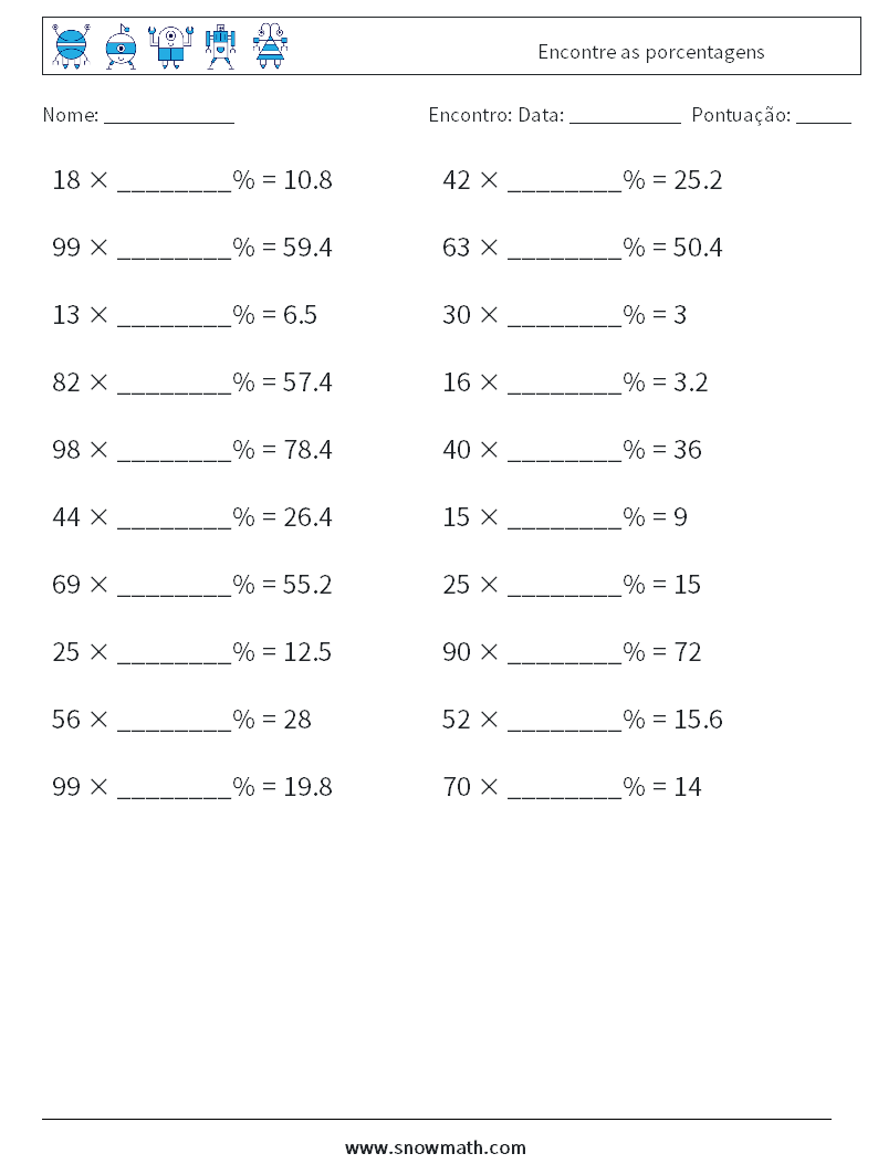Encontre as porcentagens planilhas matemáticas 6