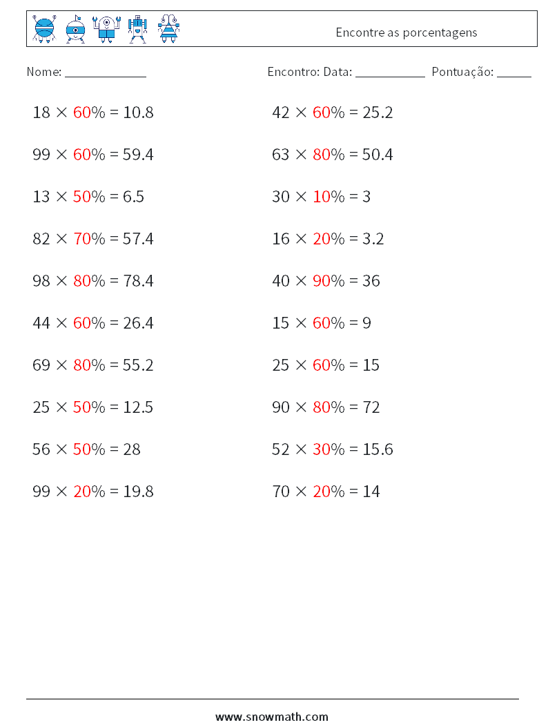Encontre as porcentagens planilhas matemáticas 6 Pergunta, Resposta