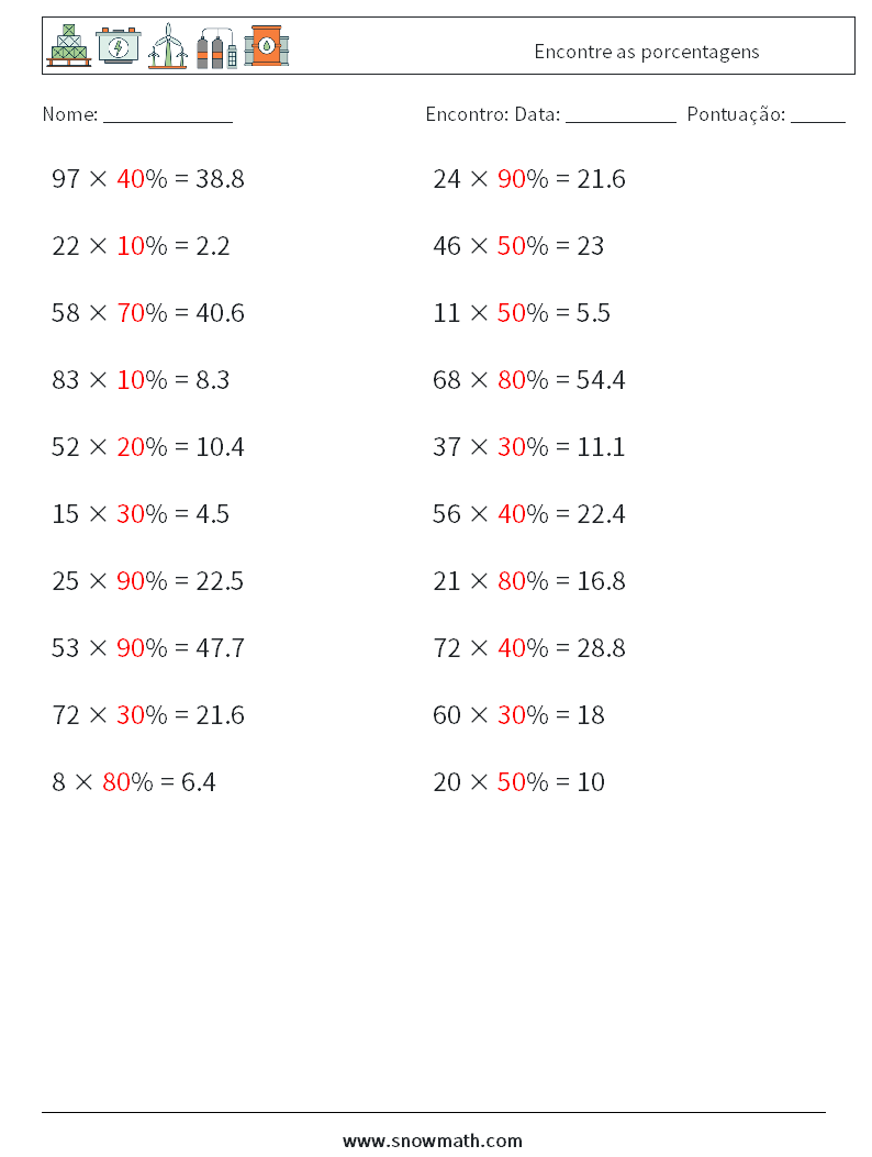 Encontre as porcentagens planilhas matemáticas 7 Pergunta, Resposta