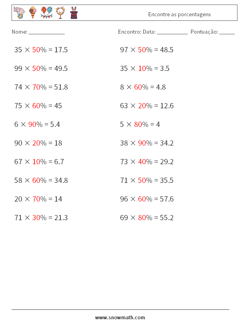 Encontre as porcentagens planilhas matemáticas 8 Pergunta, Resposta