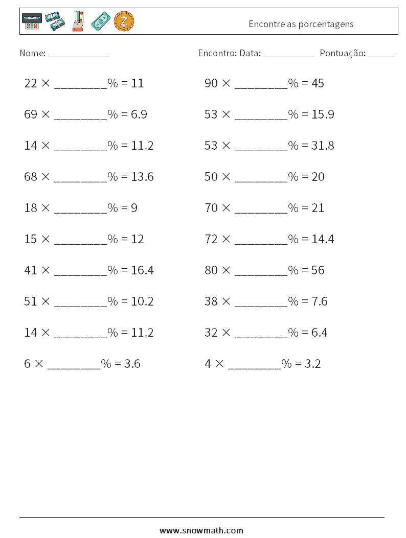 Encontre as porcentagens planilhas matemáticas 9