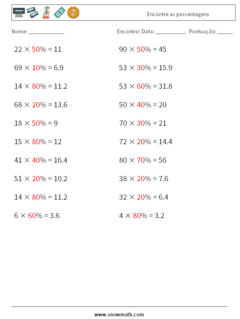 Encontre as porcentagens planilhas matemáticas 9 Pergunta, Resposta
