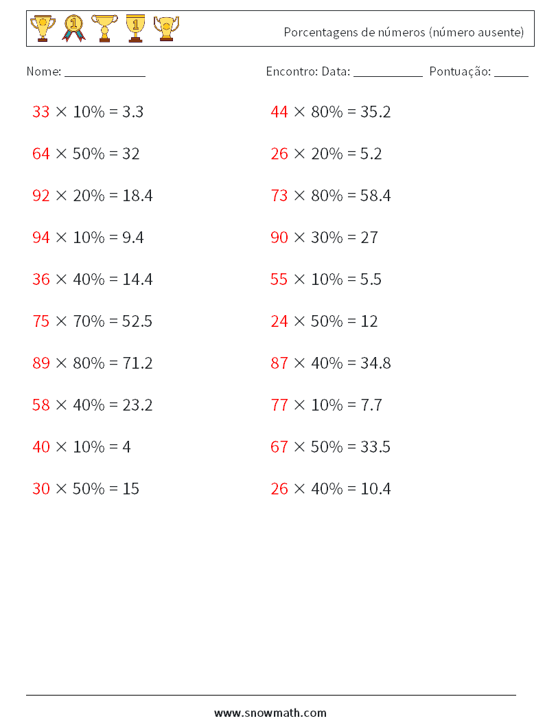 Porcentagens de números (número ausente) planilhas matemáticas 8 Pergunta, Resposta