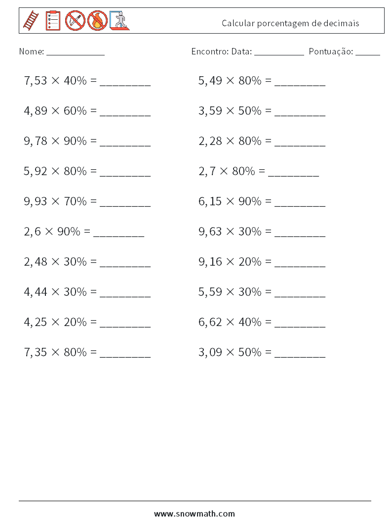 Calcular porcentagem de decimais planilhas matemáticas 2