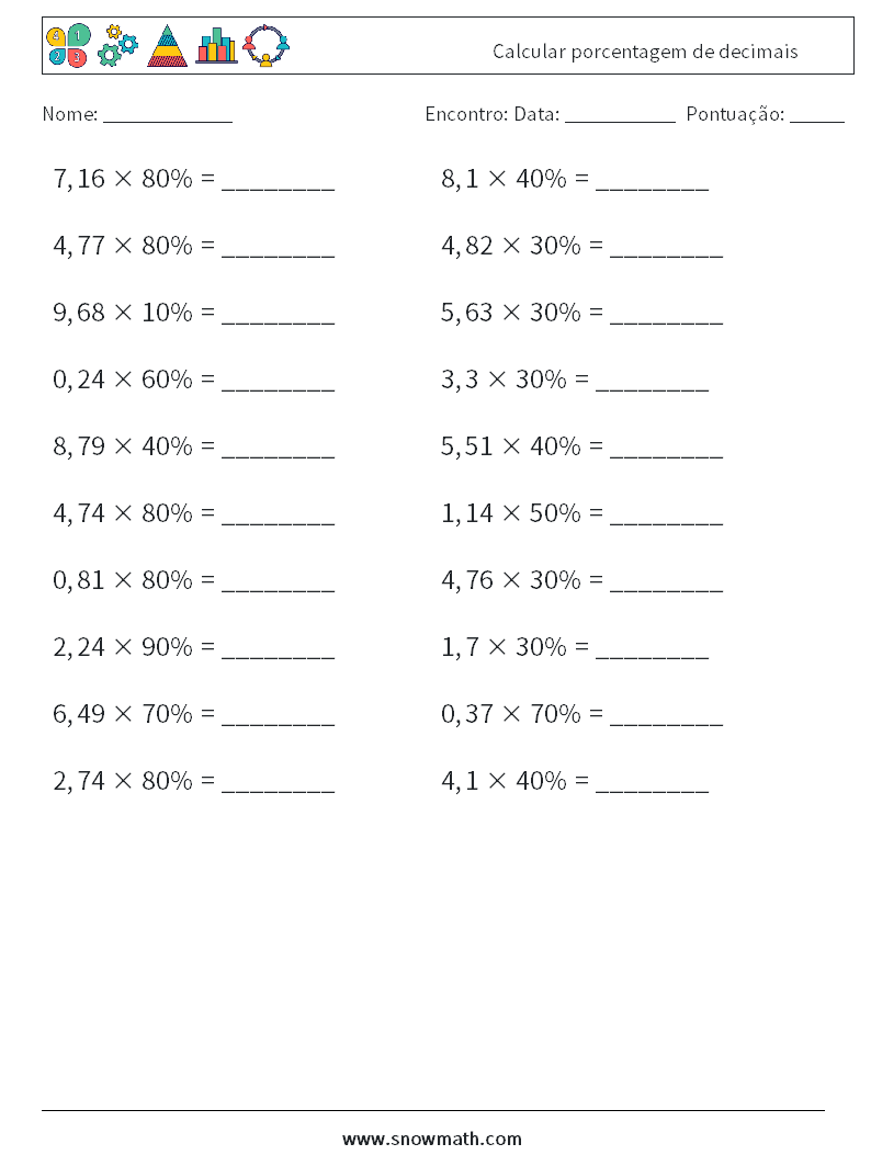 Calcular porcentagem de decimais planilhas matemáticas 3