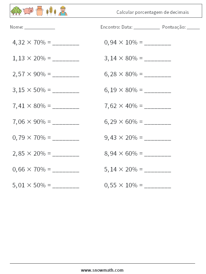 Calcular porcentagem de decimais planilhas matemáticas 7