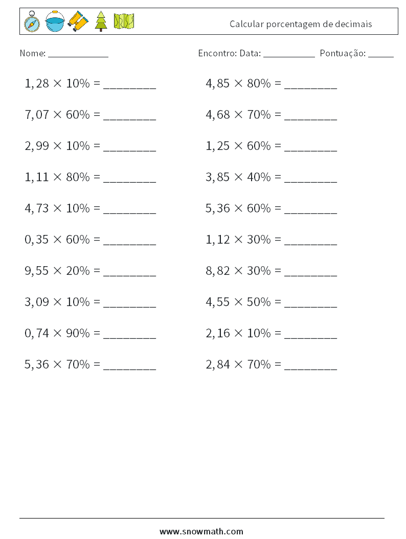 Calcular porcentagem de decimais planilhas matemáticas 9