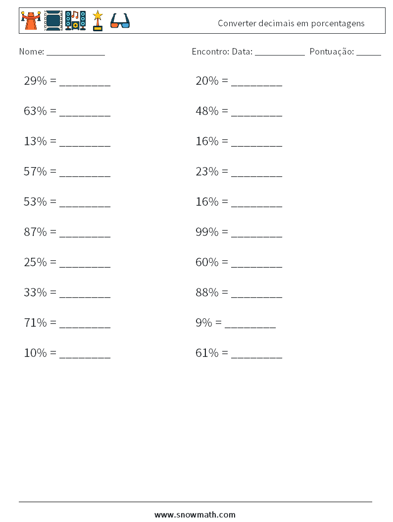 Converter decimais em porcentagens planilhas matemáticas 2