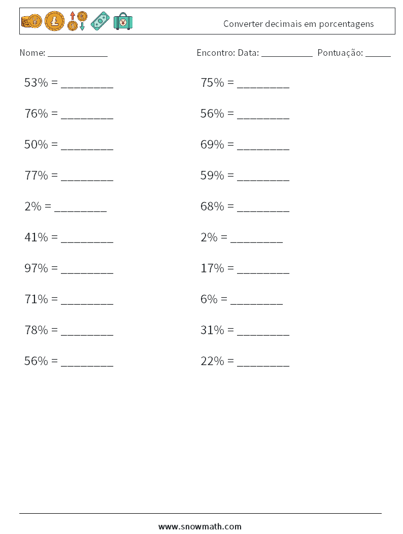 Converter decimais em porcentagens planilhas matemáticas 4