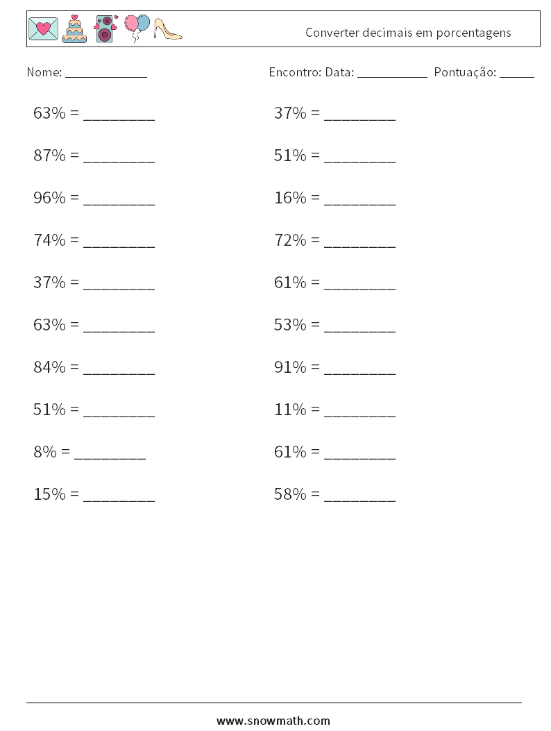 Converter decimais em porcentagens planilhas matemáticas 5