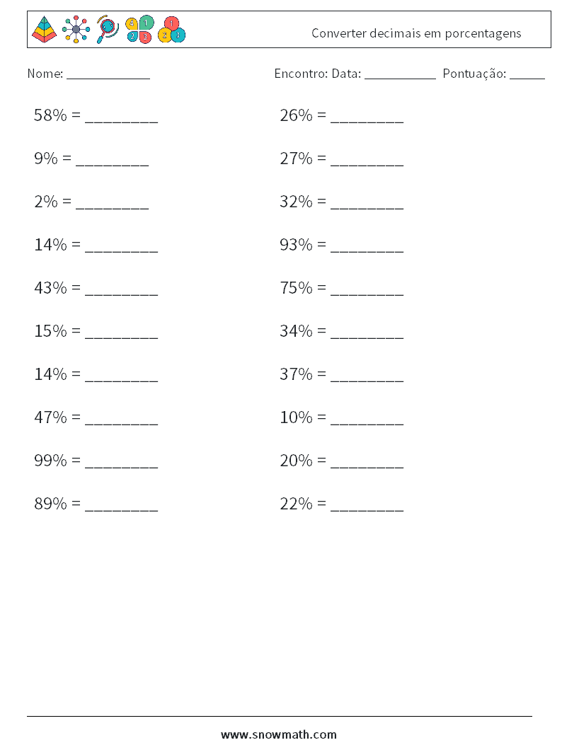Converter decimais em porcentagens planilhas matemáticas 6
