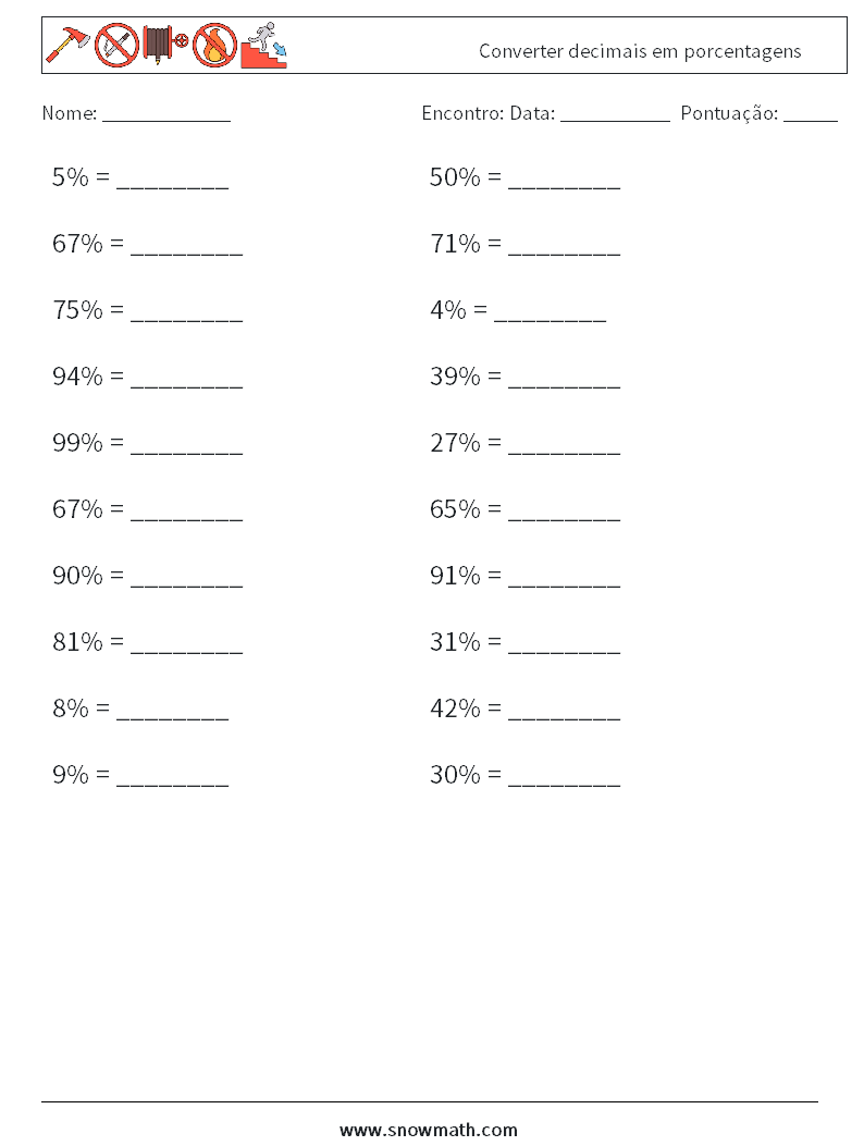 Converter decimais em porcentagens planilhas matemáticas 7