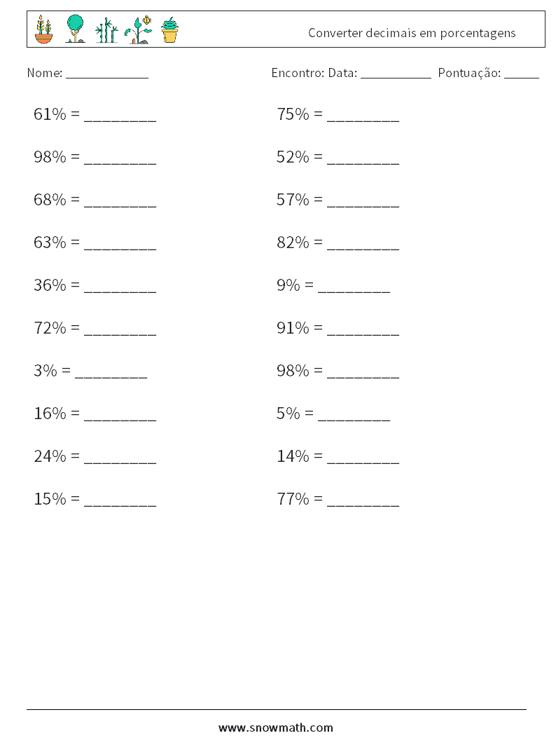 Converter decimais em porcentagens planilhas matemáticas 9