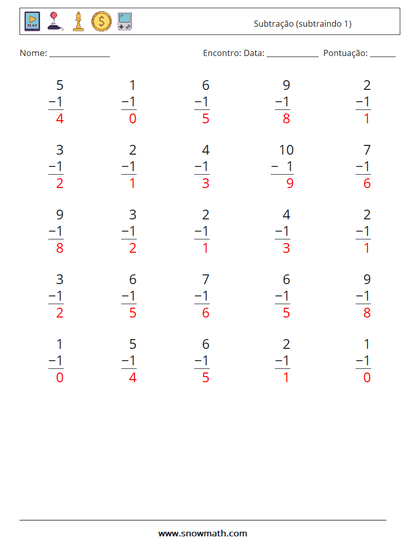 (25) Subtração (subtraindo 1) planilhas matemáticas 2 Pergunta, Resposta