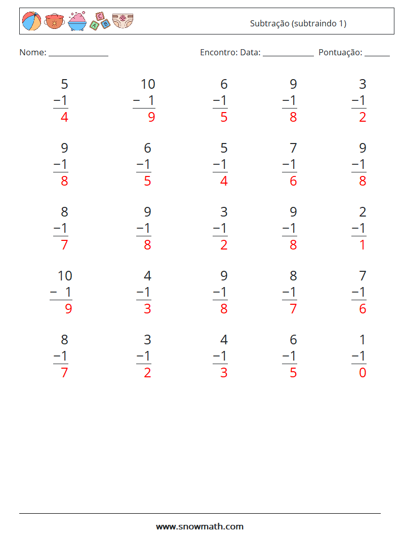 (25) Subtração (subtraindo 1) planilhas matemáticas 3 Pergunta, Resposta