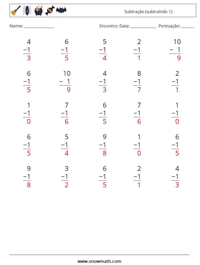 (25) Subtração (subtraindo 1) planilhas matemáticas 4 Pergunta, Resposta