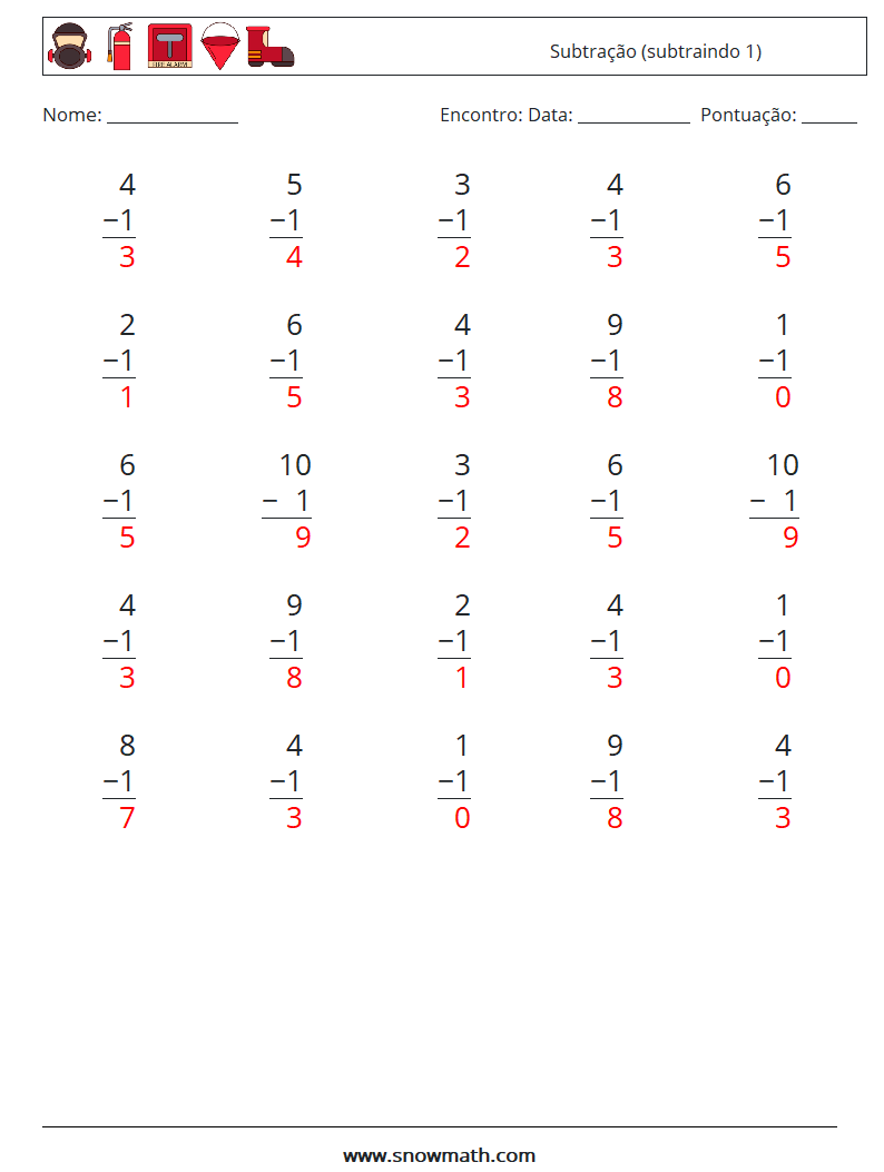 (25) Subtração (subtraindo 1) planilhas matemáticas 6 Pergunta, Resposta