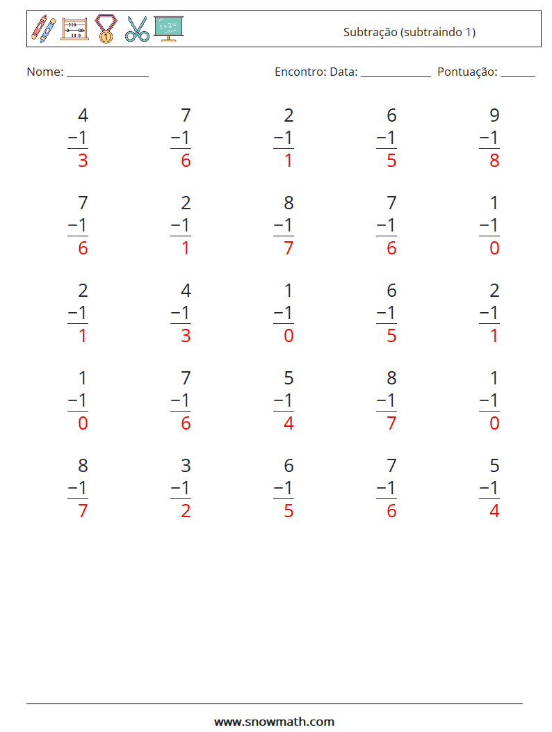 (25) Subtração (subtraindo 1) planilhas matemáticas 9 Pergunta, Resposta