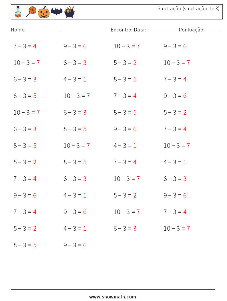 (50) Subtração (subtração de 3) planilhas matemáticas 1 Pergunta, Resposta