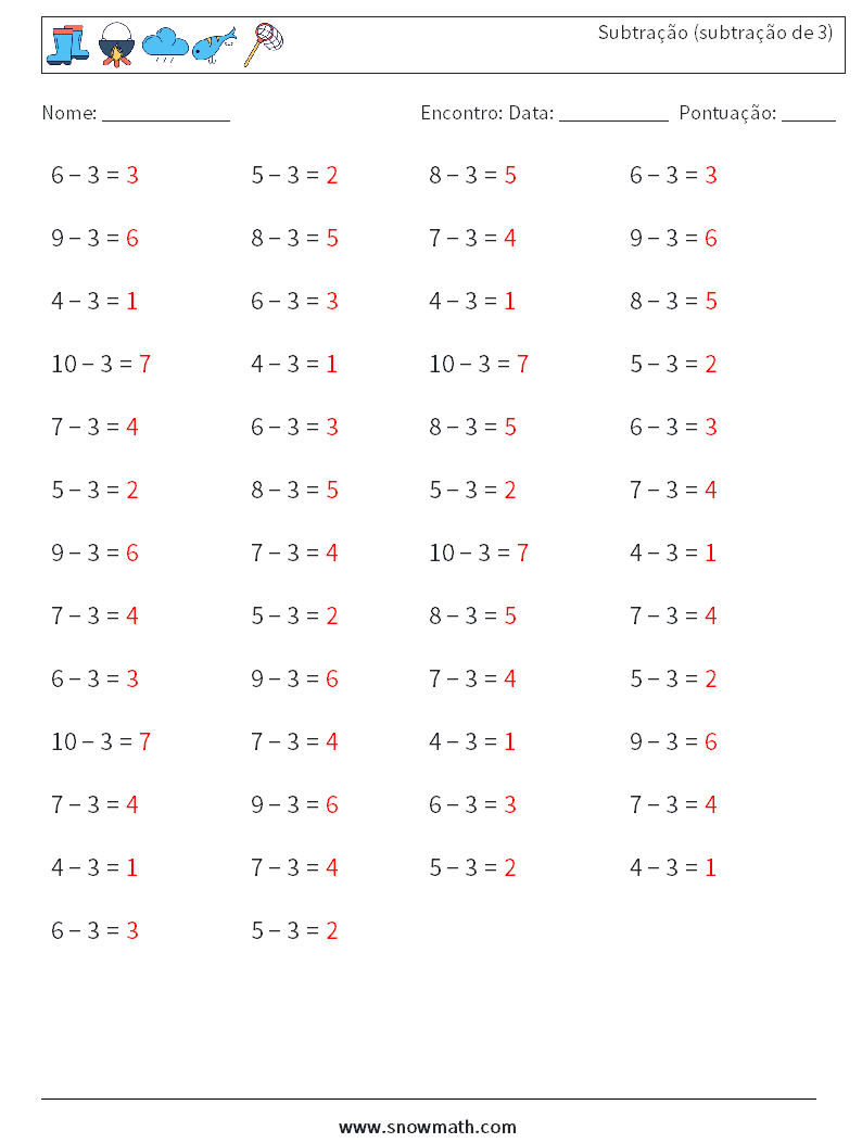 (50) Subtração (subtração de 3) planilhas matemáticas 2 Pergunta, Resposta
