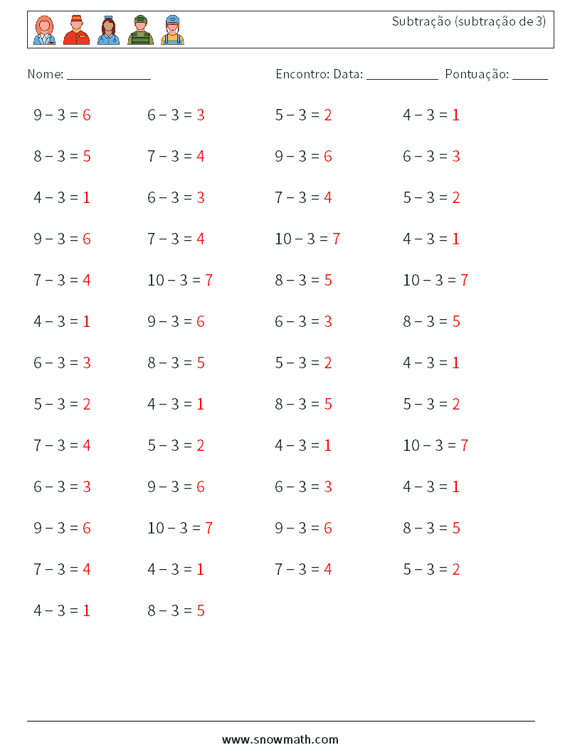 (50) Subtração (subtração de 3) planilhas matemáticas 3 Pergunta, Resposta