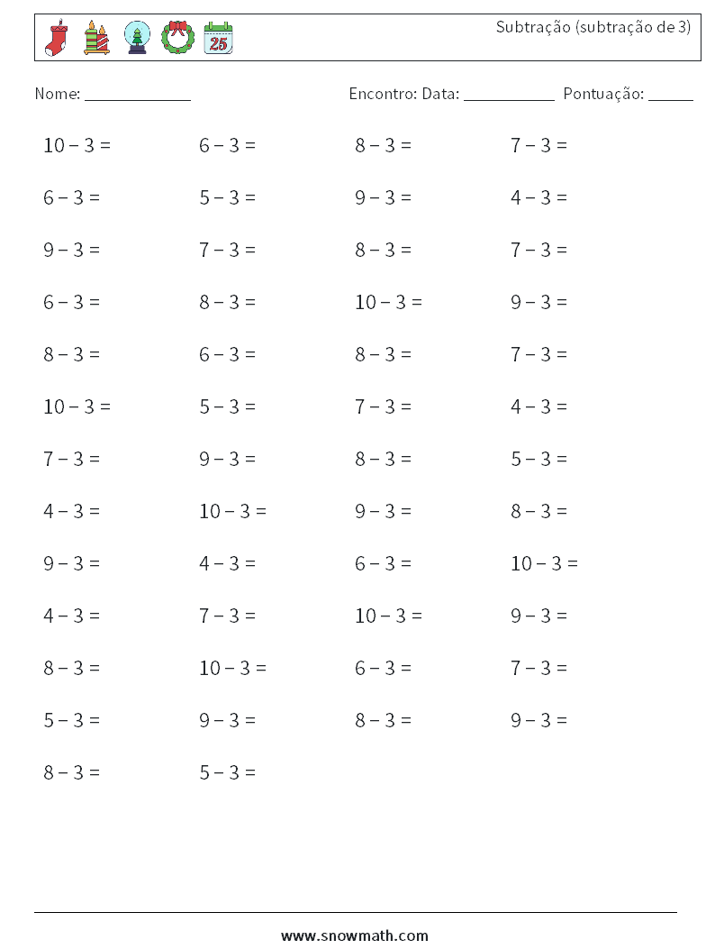 (50) Subtração (subtração de 3) planilhas matemáticas 4