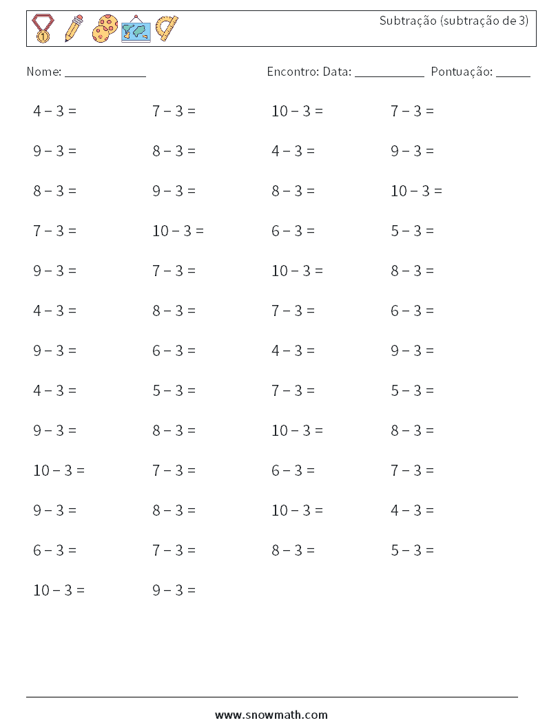(50) Subtração (subtração de 3) planilhas matemáticas 5