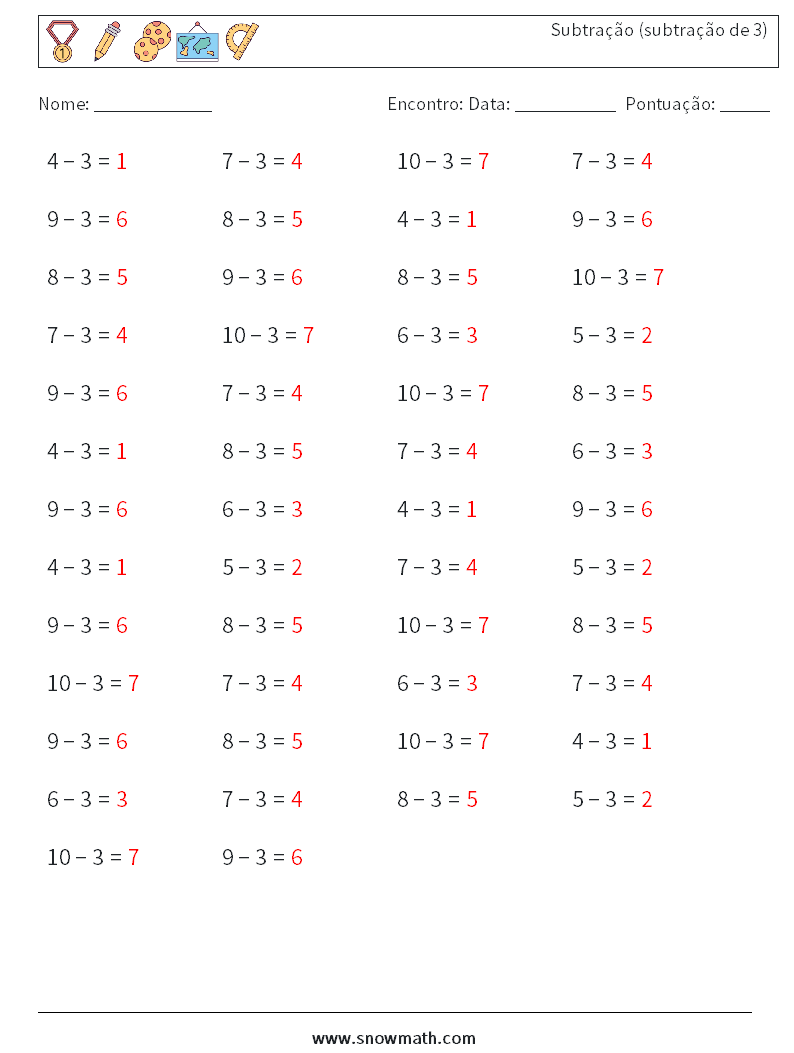 (50) Subtração (subtração de 3) planilhas matemáticas 5 Pergunta, Resposta
