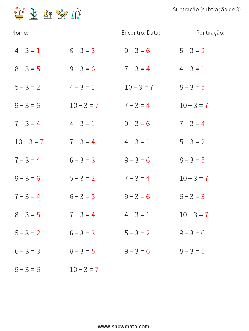 (50) Subtração (subtração de 3) planilhas matemáticas 7 Pergunta, Resposta