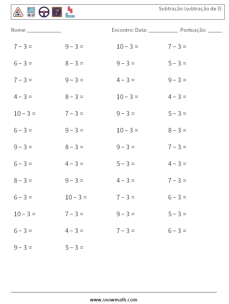 (50) Subtração (subtração de 3) planilhas matemáticas 8